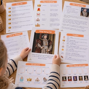 Può includere: Una raccolta di schede didattiche su Re Enrico VIII, con un ritratto centrale, una cronologia, una scheda informativa, definizioni di vocabolario, una breve biografia e attività interattive di ritaglio e incollaggio.