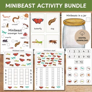 May include: A digital download activity bundle featuring a scavenger hunt, counting exercises, and a jar-themed game. The worksheets include illustrations of various insects and the text "MINIBEAST ACTIVITY BUNDLE".