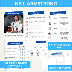 Puede incluir: Hojas de actividades educativas sobre Neil Armstrong que incluyen una ficha técnica, vocabulario clave, un cuestionario de hechos o ficción, una línea de tiempo para recortar y pegar, y una plantilla de postal con ilustraciones de cohetes.