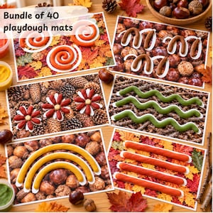 May include: A bundle of 40 playdough mats featuring autumn-themed backgrounds like fallen leaves, pinecones, acorns, and chestnuts. The mats display white outlines for shaping orange spirals, brown arches, red flowers, green waves, yellow rainbows, and orange lines.