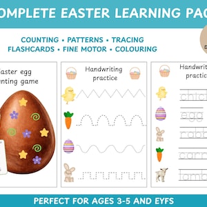 Può includere: Un pacchetto di apprendimento digitale pasquale con il testo "COMPLETE EASTER LEARNING PACK". Il pacchetto include giochi di conteggio, esercizi di scrittura e attività di colorazione. Il pacchetto è progettato per bambini dai 3 ai 5 anni e EYFS.