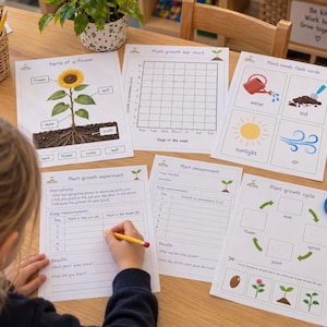 May include: A set of educational worksheets for children featuring plant-themed activities. The pages include diagrams labeled Parts of a Flower, a Plant growth bar chart, Plant needs flash cards, a Plant growth experiment, and a Plant growth cycle.
