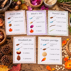 Halloween-Matschküche: Rezeptkarten zum Ausdrucken, Herbstthema, Waldpädagogik, Sinneserfahrungen, Naturbezogenes Rollenspiel für Kinder im Freien