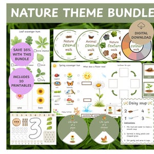 Può includere: Un pacchetto a tema natura scaricabile digitalmente con 20 attività stampabili. Include cacce al tesoro di foglie e primaverili, passeggiate di animali e natura e una ruota dei colori. Presenta illustrazioni di foglie, fiori e animali.