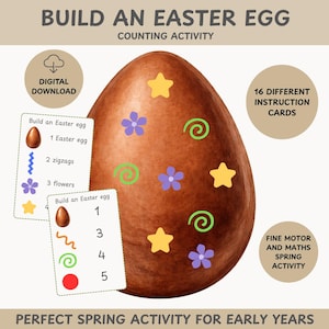 Può includere: Illustrazione di un uovo di Pasqua marrone con decorazioni colorate e testo. L'immagine include schede con istruzioni per un'attività di conteggio, un'icona di download digitale e il testo "Build an Easter Egg" e "Perfect Spring Activity for Early Years."