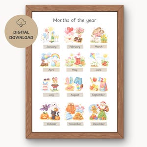 Visuele maandenjaarkalender, afdrukbare poster op foto, educatief klasdecor met thema, speciale evenementen, vieringen