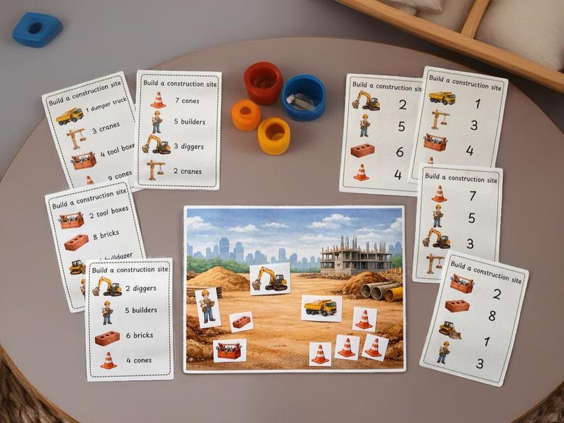 EYFS Construction Counting Activity Printable | Build a Scene, Numbers ...