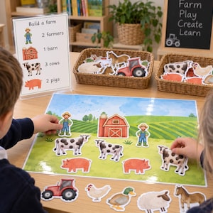 Peut inclure: Un ensemble éducatif sur le thème de la ferme comprenant une fiche d'instructions plastifiée, deux paniers en osier et un tapis de jeu imprimé. Le kit inclut des figurines découpées de fermiers, une grange rouge, des vaches, des cochons, un tracteur, une poule, un canard, un mouton et un cheval.
