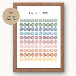 Może przedstawiać: Oprawiony wydruk z napisem "Count to 100" nad siatką kolorowych kółek z numerami od 1 do 100. Koła są w pastelowych kolorach. Ikona pobierania cyfrowego znajduje się w lewym górnym rogu.