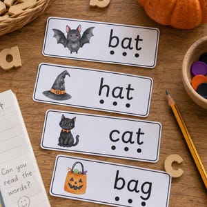 May include: Four rectangular white educational cards featuring illustrations and text. The cards display a gray bat with the word bat, a black witch hat with the word hat, a black cat with the word cat, and an orange jack-o'-lantern bag with the word bag.
