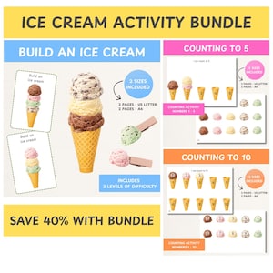 Puede incluir: Un paquete de actividades de helados con el texto "ICE CREAM ACTIVITY BUNDLE". El paquete incluye actividades para construir un helado, contar hasta 5 y contar hasta 10. El paquete incluye 2 tamaños y 3 niveles de dificultad. Ahorra un 40% con el paquete.