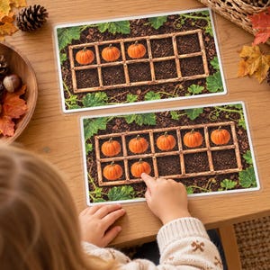 May include: Two rectangular educational ten-frame cards featuring a printed image of a wooden grid placed on dark soil with green pumpkin vines. The top card shows three orange pumpkins, and the bottom card shows seven orange pumpkins.