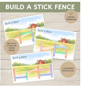 May include: Educational printable featuring three illustrations of stick fences with varying color combinations. The text "Build a Stick Fence" is at the top, with instructions to use lolly sticks or paper strips. Includes "3 Different Difficulties".
