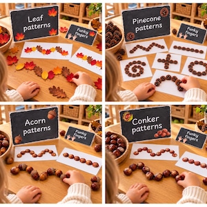 May include: A set of four educational activity cards featuring leaf, pinecone, acorn, and conker patterns. Each card displays the text Funky fingers and specific nature-themed sequences, accompanied by loose leaves, pinecones, acorns, and conkers.