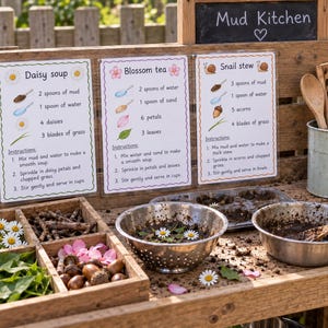 Mud Kitchen Recipe Ingredient Cards Printable, Forest School, Nature Themed Kids Outdoor Pretend Play, Potions Soup Stew Smoothie Cake