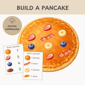 Puede incluir: Ilustración de descarga digital con un panqueque cubierto con fresas, arándanos, tocino y rodajas de plátano. El texto "BUILD A PANCAKE" está en la parte superior, con tarjetas que muestran ingredientes y cantidades. Un gráfico divertido sobre comida.