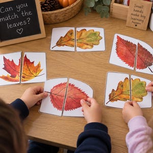May include: A set of laminated leaf matching cards featuring watercolour illustrations of various autumn leaves. The cards are split into two pieces, requiring assembly. A small chalkboard with the text Can you match the leaves? is visible.