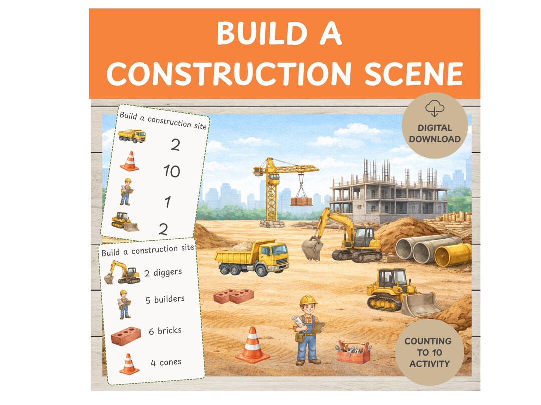 EYFS Construction Counting Activity Printable | Build a Scene, Numbers ...