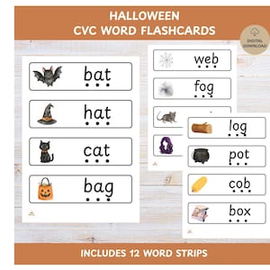 May include: Halloween CVC word flashcards featuring 12 strips with illustrations and text. Each strip displays a three-letter word like bat, hat, cat, bag, web, fog, log, pot, cob, and box, accompanied by a corresponding image and three dots below.
