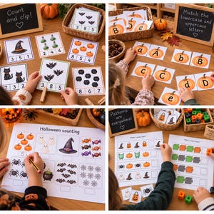 Könnte beinhalten: Eine Sammlung von pädagogischen Lernmaterialien zum Thema Halloween, bestehend aus Zählkarten mit Klammern, Buchstaben-Zuordnungskarten mit Kürbismotiven, einem Zählarbeitsblatt sowie Muster-Aktivitäten mit kleinen bunten Bausteinen.