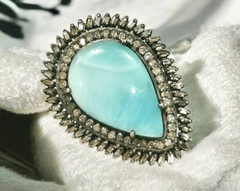Teardrop Larimar Oxidized Silver Statement Ring with Two Halo's of Pave Diamonds