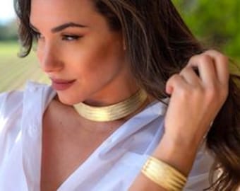 Vintage Woven choker handcrafted necklace, from braided copper, gold plated