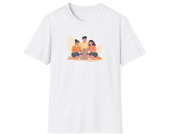Freunde sitzend mit Hund Illustration T-Shirt | Gemütliches Haustier-Liebhaber-T-Shirt