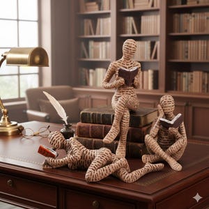 Puede incluir: Colección de esculturas de temática literaria. Tres figuras leen libros, una sentada sobre una pila de libros antiguos, otra reclinada y una tercera sentada. Las figuras están cubiertas de texto. También hay una lámpara de escritorio, una pluma y gafas.