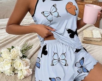 Butterfly Print Cami and Ruffle Shorts Pajama Set – Soft Summer Sleepwear