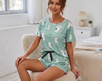 Pyjamaset met kattenprint – top en short met korte mouwen Loungewear