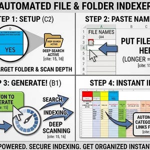 May include: Diagram illustrating an automated file and folder indexer. The steps include setup, pasting file names, generating the index, and instant indexing. The image includes text such as "Define Target Folder & Scan Depth" and "Automated Categories & Links Found!"