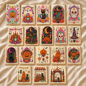 Cartes de voeux d'art folklorique d'Halloween, Día de los Muertos, jeu de notes vierges (18 cartes)