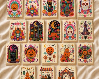 Halloween Folk Art Greeting Cards, Día de los Muertos, Blank Notes Set (18 Cards)