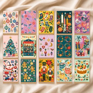 May include: A set of fifteen rectangular greeting cards featuring various holiday illustrations including Christmas trees, nutcrackers, gingerbread men, ornaments, wrapped gifts, wreaths, candles, and festive treats in a vibrant, colorful graphic style.