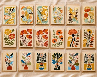 Cartes de voeux vierges faites main avec enveloppes, fleurs abstraites style bohème 4 x 6 pouces