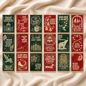 May include: A collection of eighteen rectangular Christmas greeting cards arranged in a grid. Each card features festive illustrations in red, green, and cream, including lanterns, mugs, pears, mailboxes, bells, mittens, foxes, candles, puddings, bears, owls, skates, oranges, and dachshunds with holiday text.