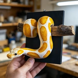 Könnte beinhalten: Eine gelb-weiße Schlangenskulptur mit schwarzem Hintergrund und einem Ast. Die Schlange ist gewunden und hat ein detailliertes Muster. Die Skulptur wird von einer Hand gehalten.