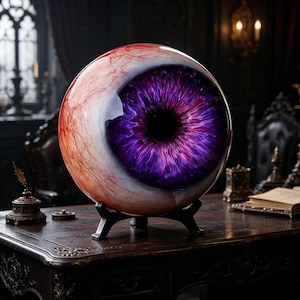 Op de afbeelding: Een grote, bolvormige sculptuur die een realistisch menselijk oog voorstelt, met een dieppaarse iris en een zwarte pupil. De sclera is wit met rode aderen. Op een zwarte standaard, op een donkere houten tafel.