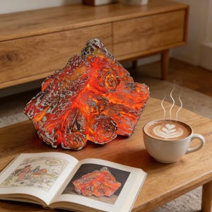Può includere: Una scultura decorativa di roccia lavica illuminata con una superficie strutturata, che emette un bagliore arancione caldo. Una tazza di caffè con latte art è su un tavolo di legno, accanto a un libro aperto con illustrazioni.