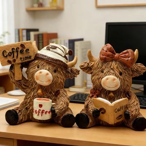Puede incluir: Dos figuras de vacas Highland marrones. Una vaca sostiene un letrero que dice "Coffee time" y una taza de café. La otra vaca tiene un lazo y lee un libro que dice "Coffee". Ambas figuras tienen cuernos y están sentadas.
