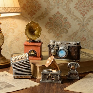 May include: A collection of vintage-style miniature decorative items, including a gramophone, camera, accordion, another gramophone, and a telephone. The items are in shades of brown, gold, and silver, arranged on a table with old books and newspapers.