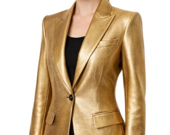 Blazer feminino de couro dourado champanhe metálico, feito à mão, para festas e eventos noturnos.