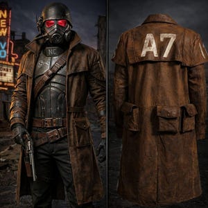 Puede incluir: Un abrigo largo de cuero marrón con el número "A7" impreso en la espalda. El abrigo tiene múltiples bolsillos y un cuello ancho. La imagen también muestra un disfraz completo que incluye un casco con lentes rojas, una placa pectoral y un arma corta.