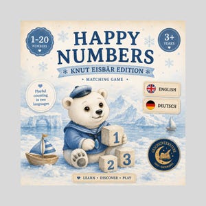 Könnte beinhalten: Ein Lernspiel für Kinder namens "Happy Numbers: Knut Eisbär Edition". Das Bild zeigt einen Cartoon-Eisbären in Matrosenkleidung mit Zahlenblöcken. Das Spiel ist für Kinder ab 3 Jahren und enthält englische und deutsche Versionen. Es fördert spielerisches Zählen.
