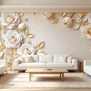 May include: A wall mural featuring large, three-dimensional white roses with gold-toned leaves and stems. The floral design is arranged in the upper left and right corners against a solid beige background, accented with small, scattered gold spheres.