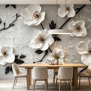 3D Embossed Floral Wall Mural, White Flowers, Black Branches, Relief Wallpaper