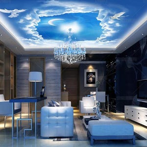 Blue Sky Cloud Moon Seagull Ceiling Wallpaper For Living Room Ceiling Decor