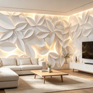 Könnte beinhalten: Ein Wohnzimmer mit einem weißen Ecksofa, einem Couchtisch aus hellem Holz und einem weißen TV-Board mit Fernseher. Die Wand ist mit weißen, dreidimensionalen blattförmigen Paneelen und integrierter warmer LED-Beleuchtung verkleidet.