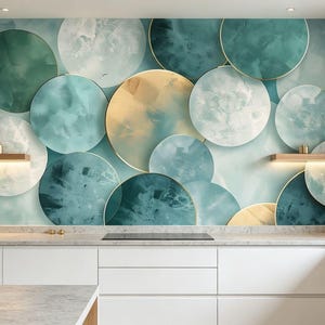 May include: A kitchen wall mural featuring an abstract pattern of overlapping circles in shades of teal, turquoise, and gold. The design includes textured watercolor-style effects within each circular shape, creating a layered visual depth.