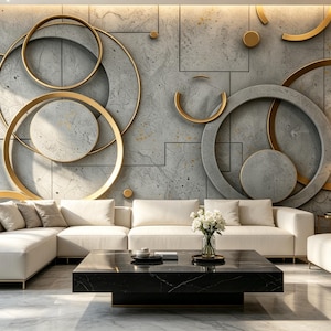 May include: A living room featuring a large white sectional sofa and a matching armchair arranged around a low black marble coffee table. The wall behind the sofa displays a gray stone-textured mural with large gold and gray circular rings.